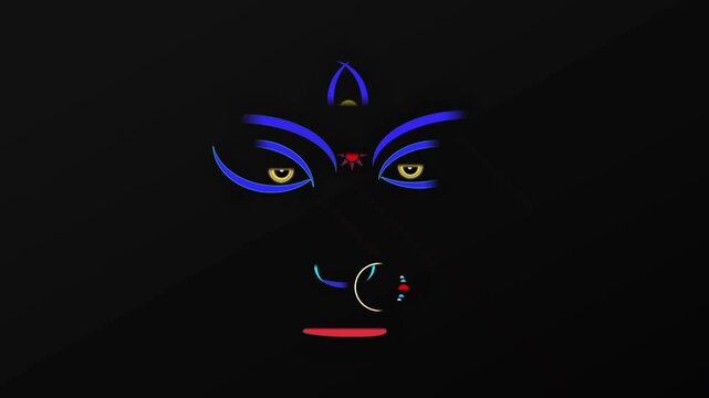 Abstract Goddess Durga Face Animation with Blue Outline and Golden Nose Ring on Deep Black Background