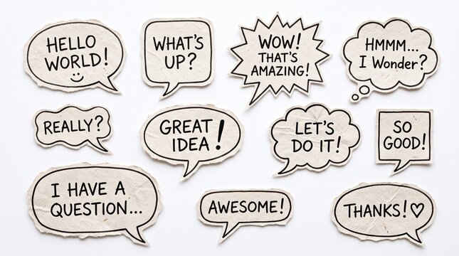 Set of hand drawn speech bubbles with funny expressions and text greetings for comic book design and social media chat communication elements in a creative sketch style illustration
