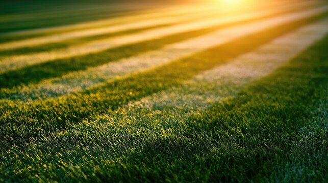 Freshly mown grass with sunbeams creating bright, diagonal stripes