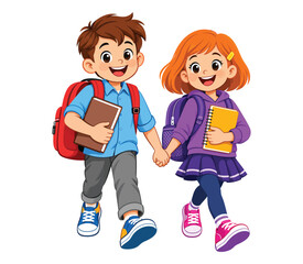 Happy School Boy and Girl Walking Together with Backpacks and Books Cartoon Illustration Isolated on White Background for Back to School, Education and Learning Design