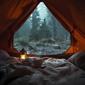 Warm glowing lantern inside wet tent with raindrops on fabric looking out to rainy forest landscape creating cozy peaceful and relaxing outdoor camping atmosphere perfect for nature escape