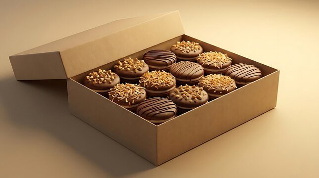 A gourmet gift box filled with delicious chocolate covered oreo cookies decorated with crushed nuts and coconut shavings, shot in a professional studio.