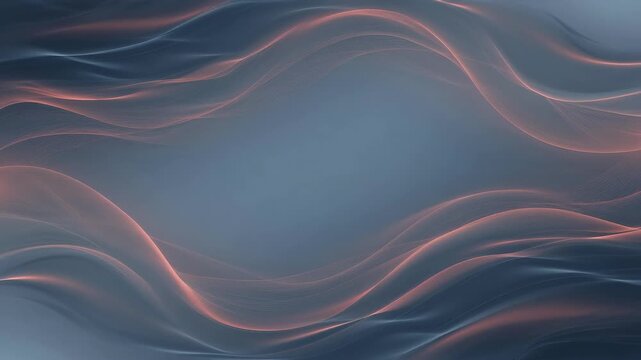 Flowing coral light waves form an abstract atmospheric design on a deep blue background, suggesting energy, motion, and calm