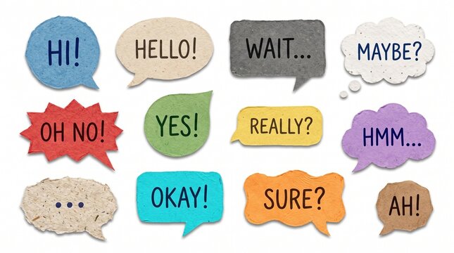 Set of colorful speech bubbles with various text expressions like hello hi yes and okay for creative communication design projects and social media chat interaction illustration