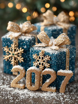 Golden "2027" numbers rest on snowy surface. Blue gift boxes with gold bows sit nearby. Festive lights and pine branches decorate background. Image captures joyful, hopeful New Year celebration