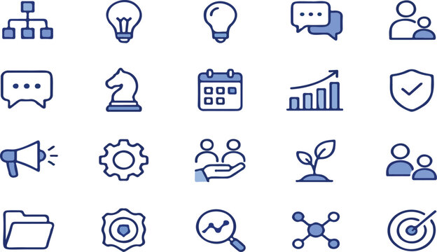 Business and strategy vector icon set featuring flowchart, lightbulb, chess knight, and growth chart