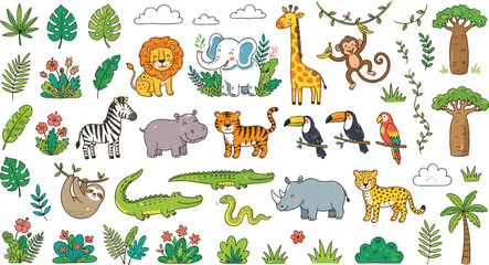 Fototapeta premium Cute Cartoon Safari Animals Vector Clipart Pack Featuring Lion Elephant Giraffe Monkey Zebra Tiger Hippo Rhino Crocodile And Tropical African Bush Elements