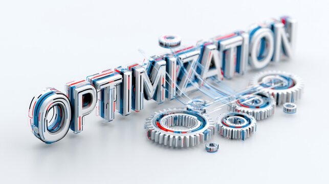 3D text of OPTIMIZATION with gears connected to the letters, suggesting efficiency and progress