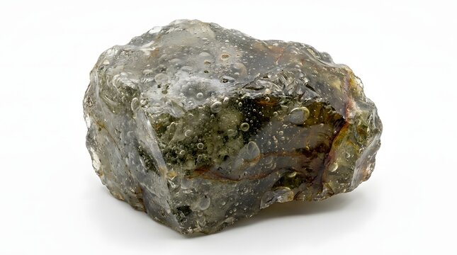 Raw brown amber fossil resin stone with trapped bubbles isolated on white background for gemology research and mineral collecting concepts