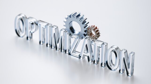 The word OPTIMIZATION is written in shiny chrome letters with two gears interlocking to form the letter 'T'
