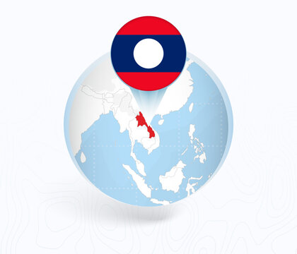 Laos Map with Round Laos Flag Pin Pointer on Circular Globe.