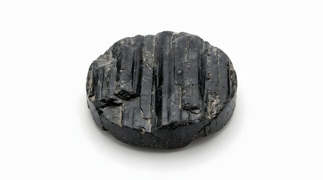 Circular black tourmaline stone disc with rough striated mineral texture for geological science study and natural stone decor concepts