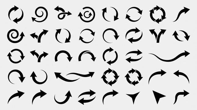 Create a dynamic vector collection of curved directional arrows arranged in a balanced composition on a light gray background. Feature a variety of sweeping arrow designs with smooth arcs, tapered tai