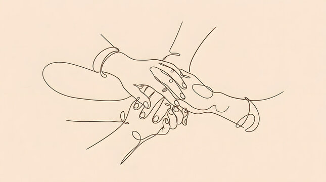 Hands stacked together in center continuous line art teamwork concept.