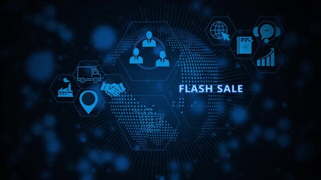 Dynamic digital flash sale promotion concept featuring animated global business network and e-commerce shopping cart symbols on a high-tech blue glowing abstract data connectivity background