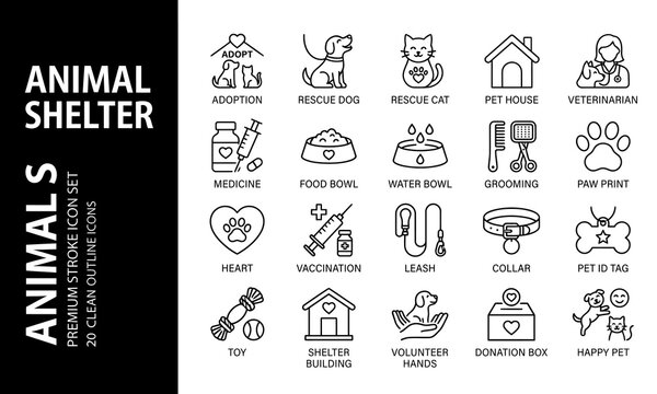 Animal Shelter Icon Set: Line Icons for Pet Rescue, Adoption, Veterinary Care and Volunteer Donations