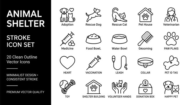 Animal Shelter Icon Set: Line Icons for Pet Rescue, Adoption, Veterinary Care and Volunteer Donations