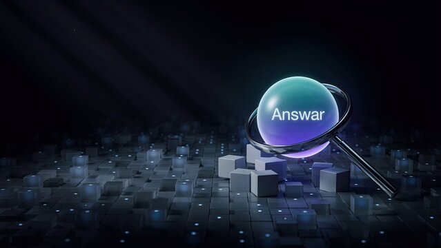 Sphere containing the word Answar glows above a dark surface featuring scattered cubes in a high tech environment.