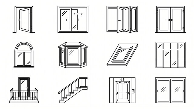 Door And Window Icon Set With Architectural Entrance Frame And Building Line Vector Symbols