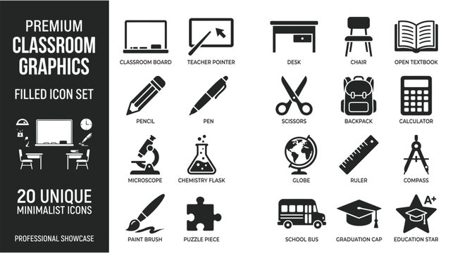 Classroom Education Icon Set &mdash; 20 Minimalist School Symbols for Teaching, Learning and Study
