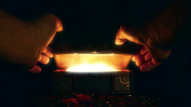 Opening a mysterious wooden box with unknown golden treasure glowing light and smoke. Secrets, enlightenment, magic concept.