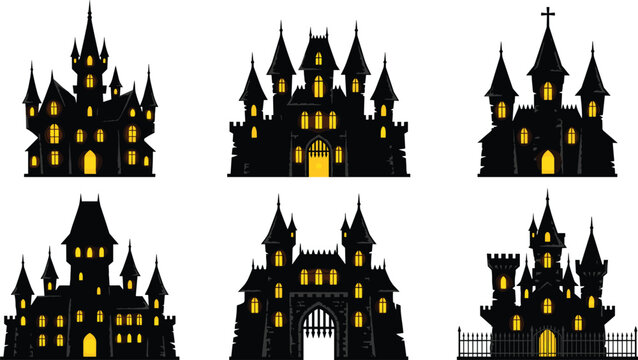 Halloween Spooky Haunted Castle Silhouette Vector Set with Glowing Windows and Gothic Fortress Architecture Isolated on White Background