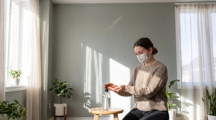 Fototapeta premium Woman wearing a medical mask and applying hand sanitizer at home. Autumn cold and flu prevention, hygiene, infection control and immunity concept.