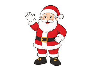 Fototapeta premium Cute Santa Claus Cartoon Character Waving Hand Isolated on White Background Featuring Traditional Christmas Costume, Smiling Face, Holiday Mascot, Festive Illustration and Winter Celebration