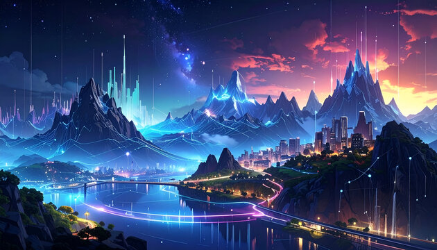 Futuristic landscape with mountains, city lights, and data streams under a starry sky