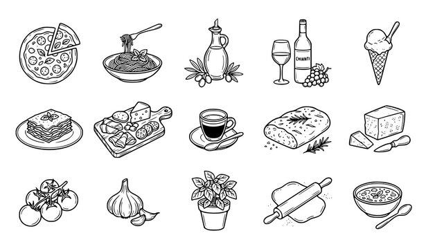 Hand Drawn Italian Cuisine Food Collection Featuring Pasta Pizza Coffee Bread and Traditional Culinary Elements