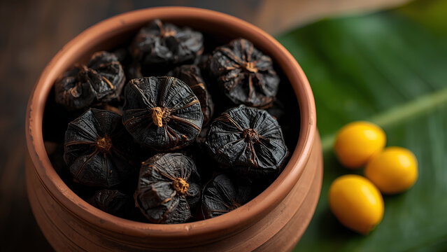 Dried Goraka Spice in Clay Bowl Close Up View