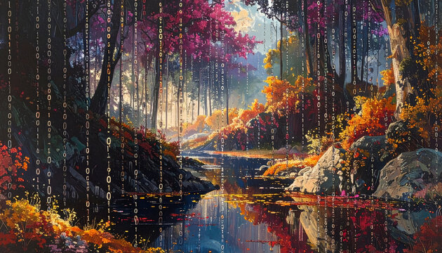 A digital forest scene with flowing binary code, a creek, vibrant foliage and sunlight