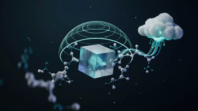 Cube structure enclosed within a glass sphere connects to a floating cloud representing data storage and processing.