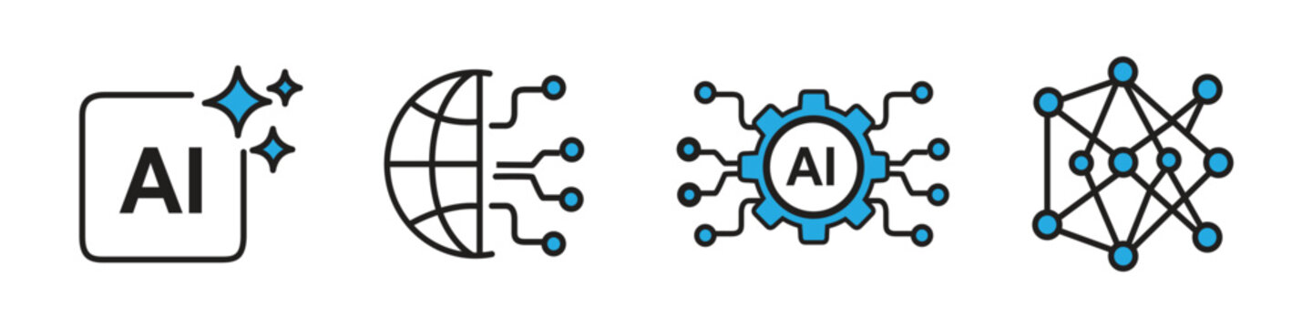 Artificial Intelligence Icons Representing Global Networks Gears And Neural Connections In Blue Line Art artificial intelligence machine learning automation