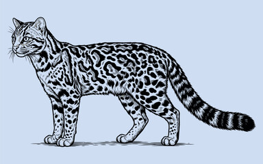 Fototapeta premium Marbled Cat Walking Through Forest – Premium Black Outline Vector Wildlife Artwork with Scientific Accuracy and Detailed Feline Anatomy