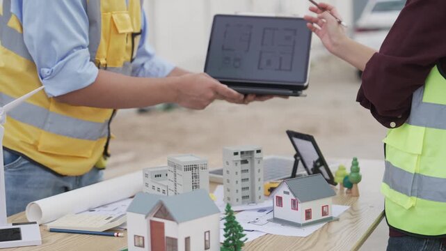 Two engineers discussing house blueprints and eco friendly housing models with digital tablet at construction site