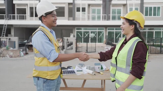 Happy male and female architects in safety vests shaking hands, finalizing green energy housing deal