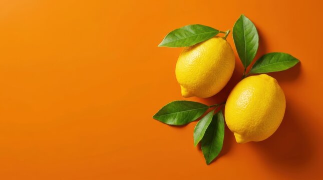 Two fresh lemons with green leaves on a vibrant orange background