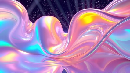 Fototapeta premium Abstract fluid shapes, iridescent colors, flowing forms. Light reflects, creating dynamic visual experience. Dark background emphasizes luminosity.