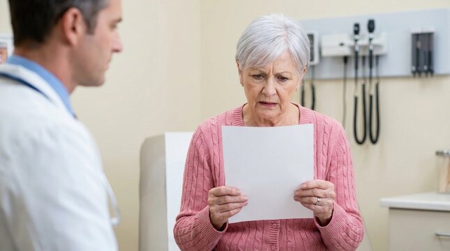 Senior woman looking at medical test result held by doctor. Confused elderly patient during clinical consultation