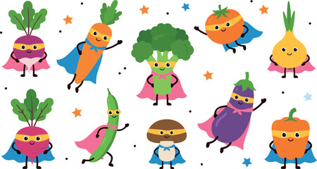 Naklejka premium Cute Superhero Vegetable Character Set with Cape and Mask Including Carrot, Broccoli, and Tomato for Healthy Food Designs