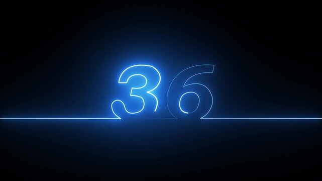 Number thirty six glowing neon blue light outline on a black background