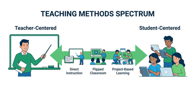 Modern Teaching Methods Spectrum Infographic. Flat vector showing teacher-centered to student-centered pedagogy ideal for educational blogs and teacher training materials.