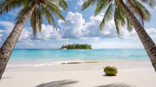 Tropical paradise beach with pristine white sand, tall palm trees, crystal-clear turquoise ocean, fluffy clouds, seamless looping panoramic background, 4K video