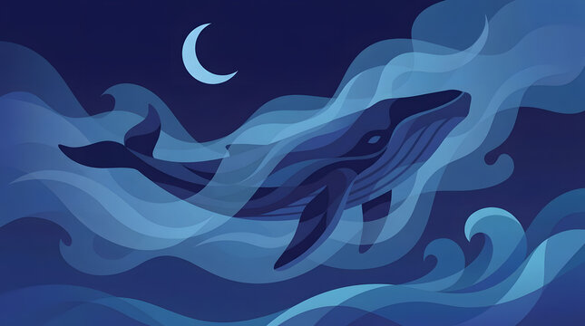 Whale swimming in night clouds under moonlight.