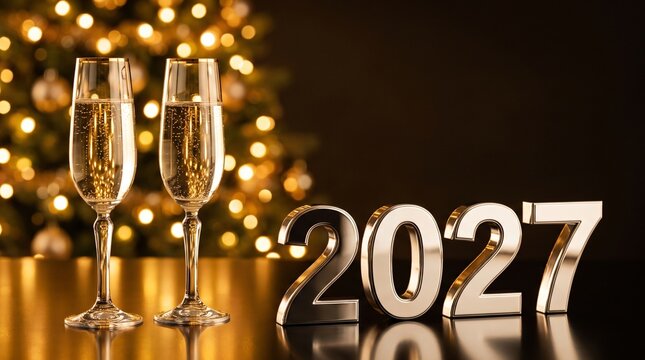 Golden 3D 2027 numbers with crystal champagne flutes and blurry christmas lights bokeh, generative AI