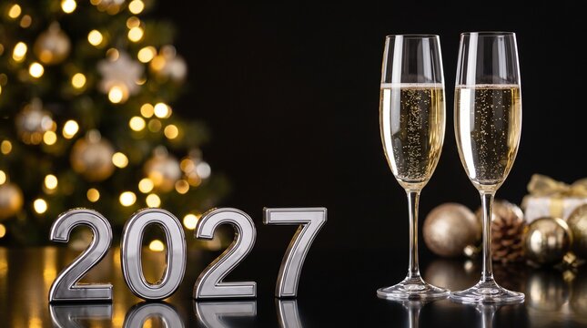 Shiny silver 3D 2027 numbers with champagne flutes on dark reflective surface, generative AI