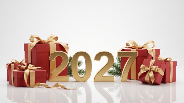 Elegant gold 3D 2027 typography surrounded by red wrapped gifts with ribbon, generative AI
