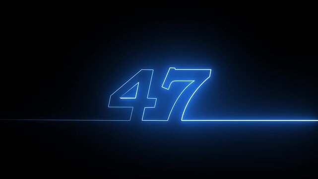 Neon blue number forty seven glowing on a dark background