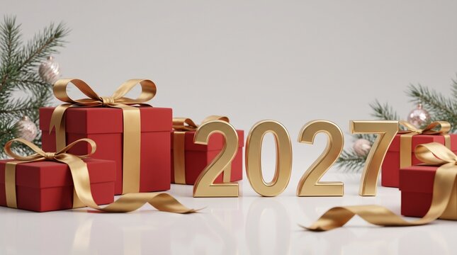 Golden 3D 2027 numbers with red gift boxes and golden ribbons on white background, generative AI